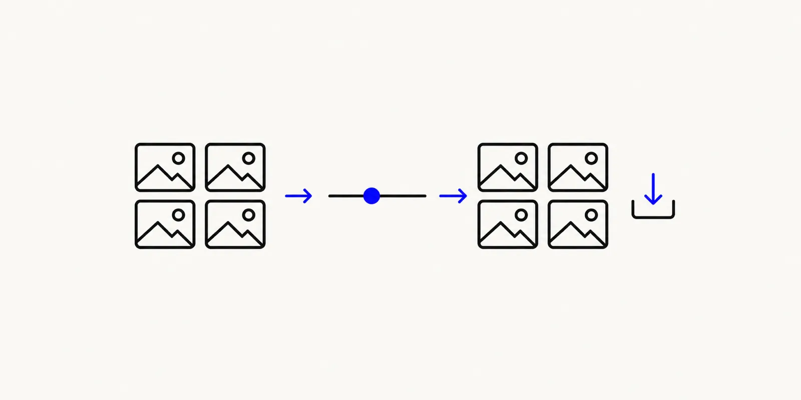 Illustration of a batch of HEIC photo thumbnails being converted into JPG files with a quality slider and a download-all button.