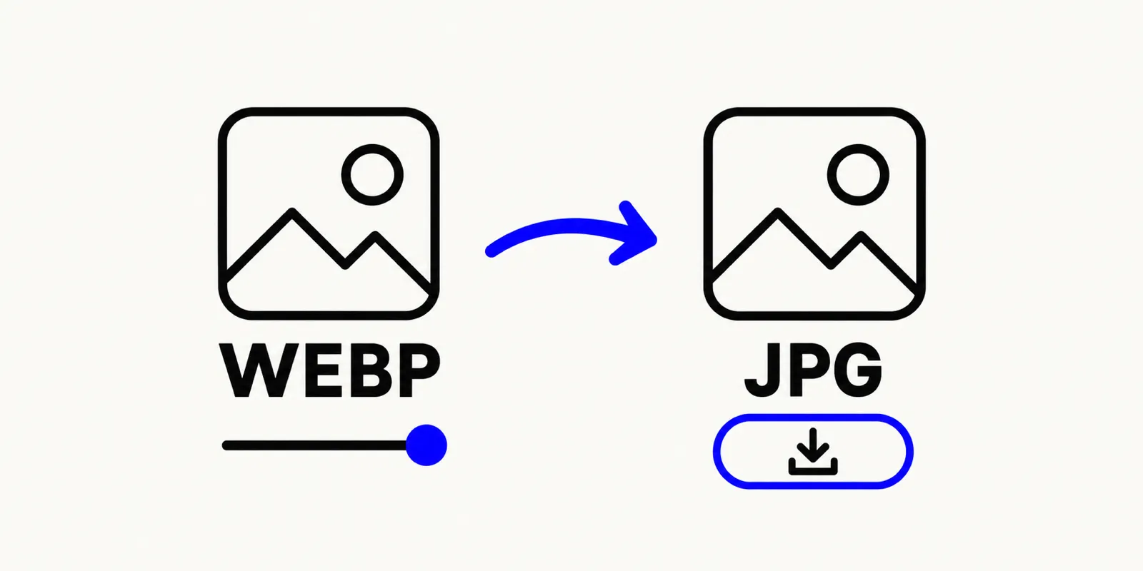 Illustration of a WebP image being converted to JPG with a quality slider set near the high end and a download button below it.