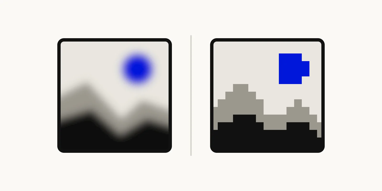 Illustration comparing the same photo pixelated into hard squares and blurred into a smooth haze.