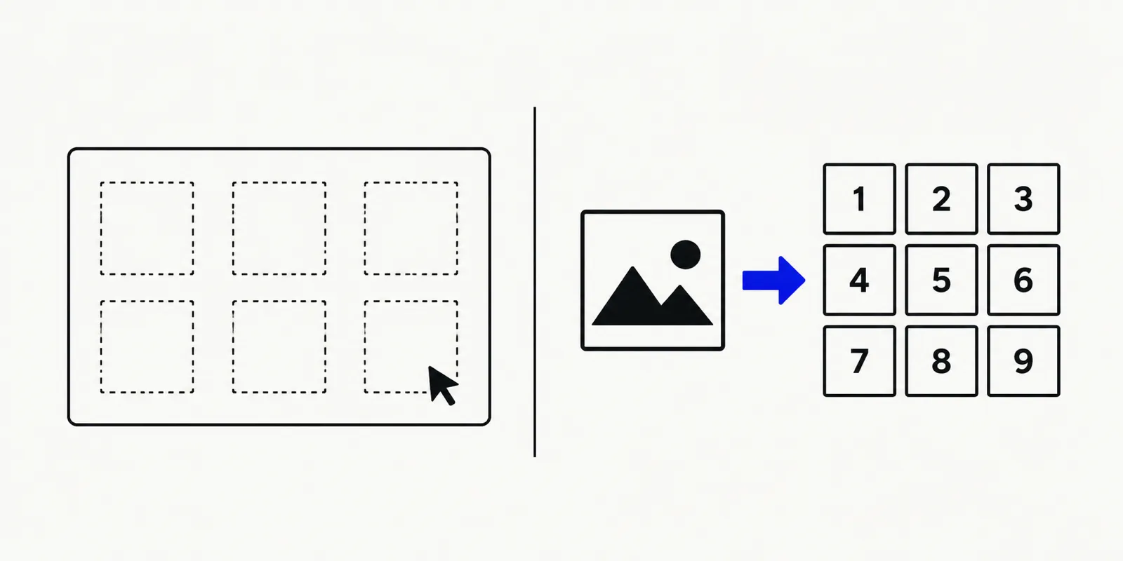 Illustration contrasting a Canva template file with empty photo slots against a direct grid-splitting web tool that outputs numbered tiles automatically.