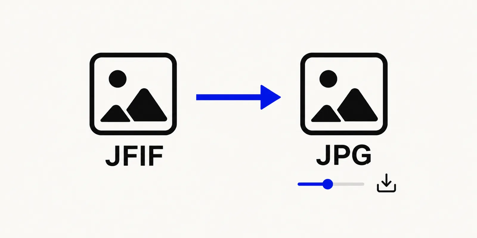 Illustration of a .jfif file being converted into a .jpg file with a quality slider and a download button shown below.
