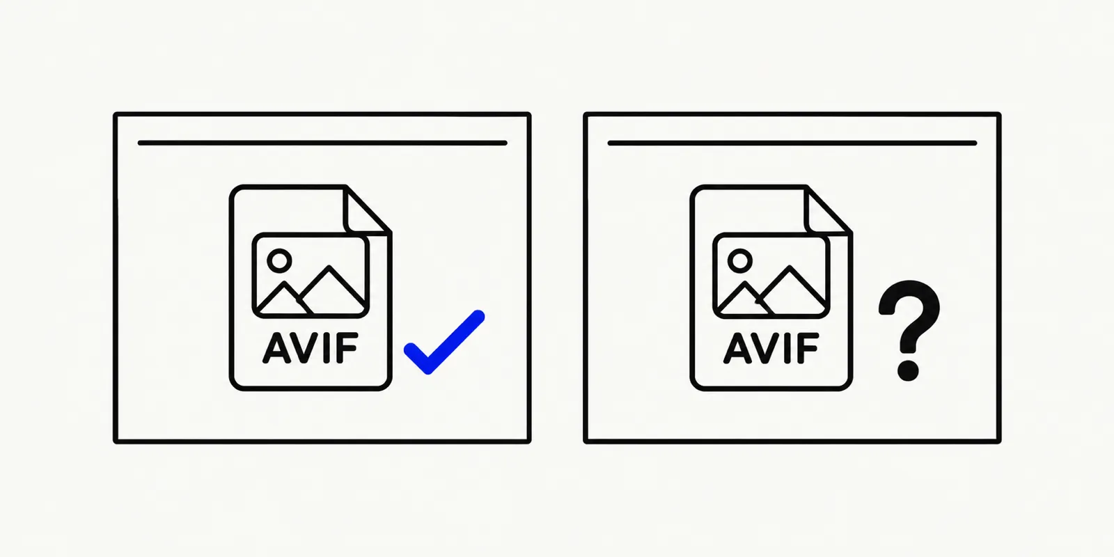 Illustration of an AVIF file icon next to a web browser and a photo editor, with a question mark over the editor to show it can't open the file.