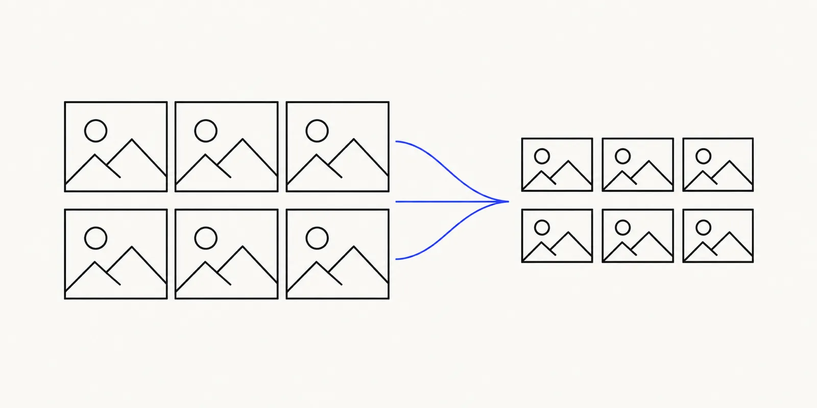 Illustration of a grid of photo thumbnails all being resized at once to the same smaller dimensions in a browser tool.