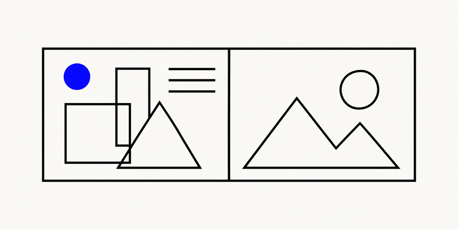 Illustration contrasting a Canva design canvas with layered text and shapes against a plain photo file, showing they resize differently.