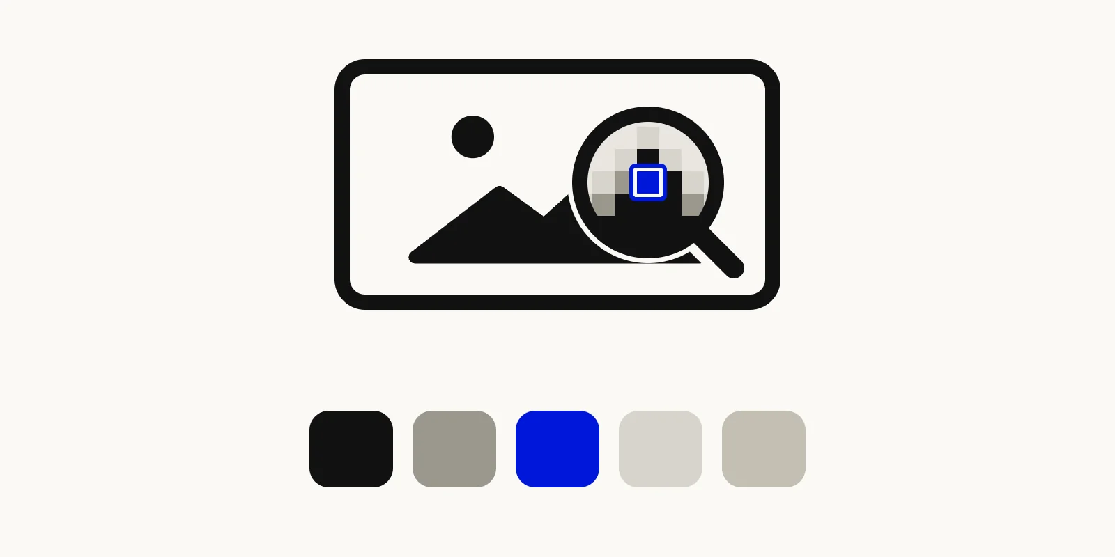 Illustration of a magnifier loupe over a photo with the picked color and a row of extracted palette swatches below.