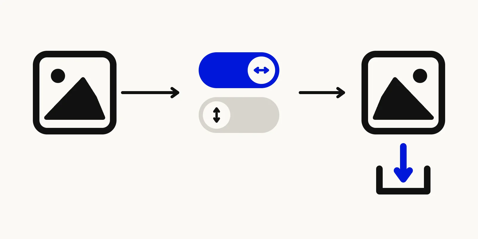 Illustration of a photo being mirrored with flip-horizontal and flip-vertical toggles, then downloaded as a new file.