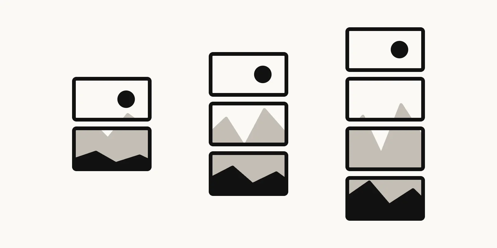 Illustration of 2, 3 and 4 stacked 16:9 strips showing how one tall image is divided into equal pieces.